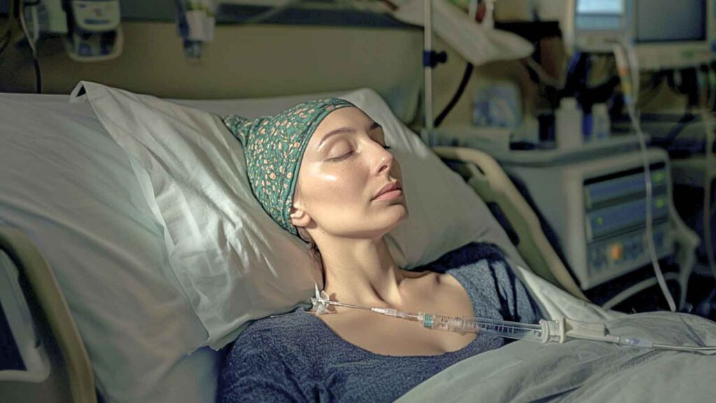 a woman on a hospital bed receiving chemotherapy for cervical cancer