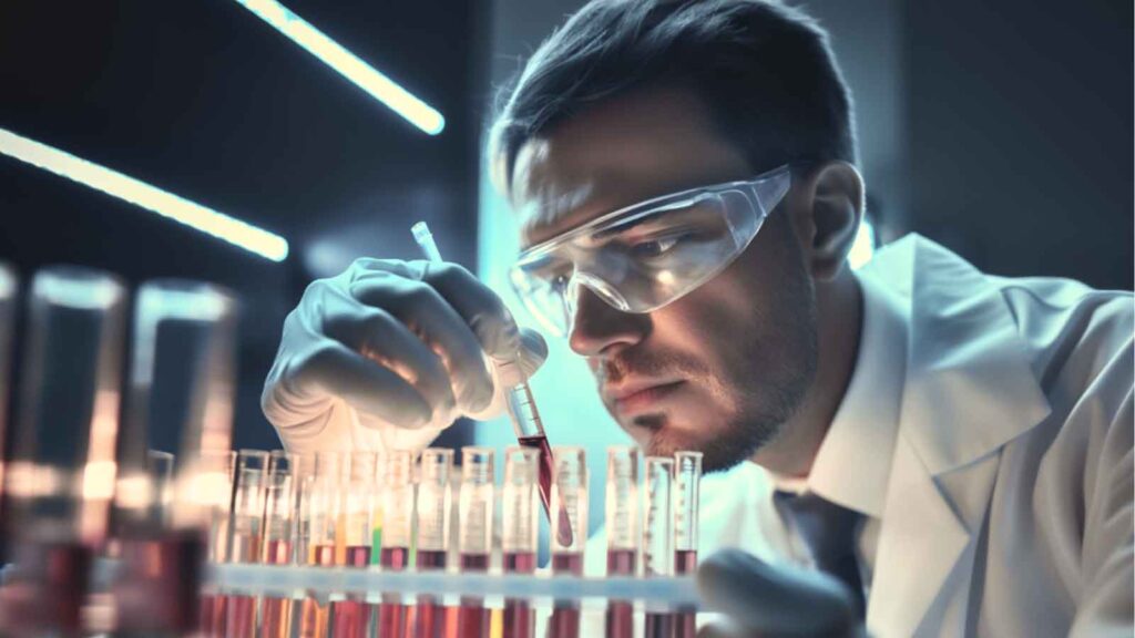 A pathologist inspecting test tube samples for genetic testing in prenatal care.