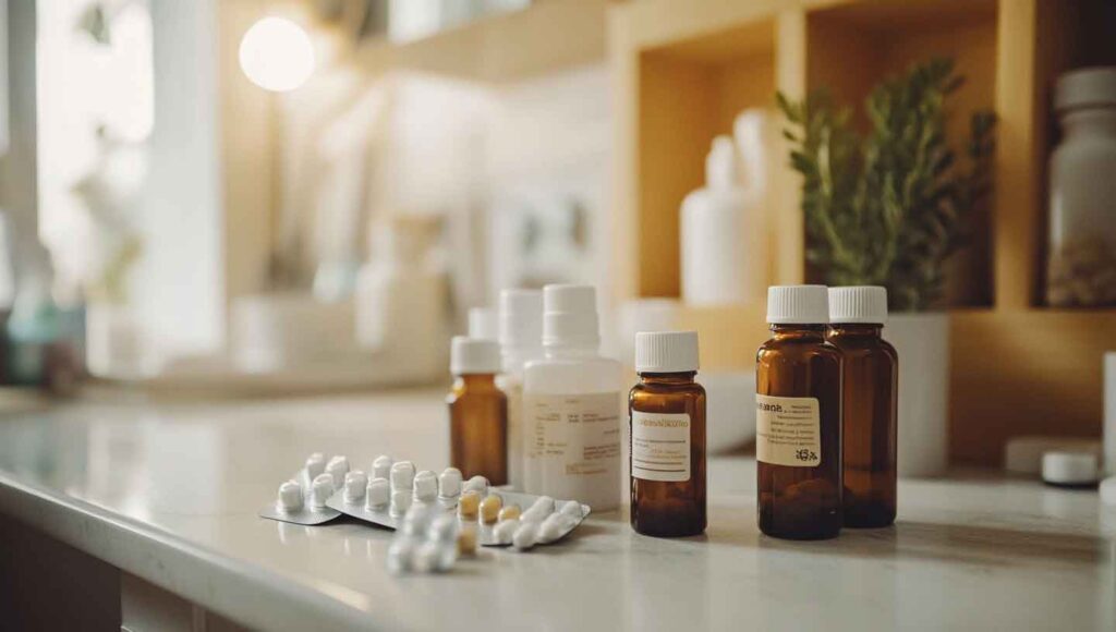 Close-up of medicine bottles and blister packs on a bathroom counter, representing treatments for menstrual irregularities. 