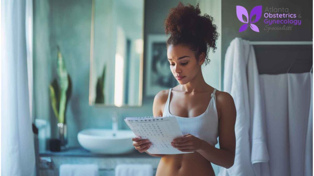 A woman in a bathroom looking at a calendar, tracking irregular periods.