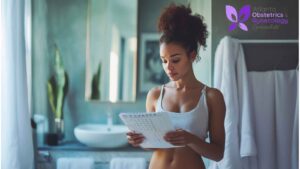 A woman in a bathroom looking at a calendar, tracking irregular periods.