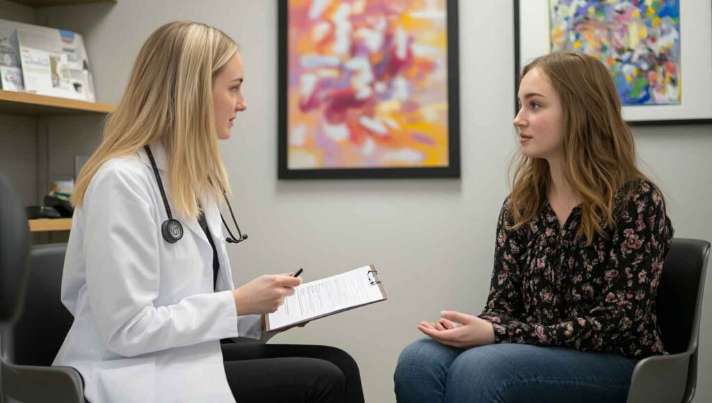 A female doctor in a clinic discussing options with a young woman while showing a blank document.
