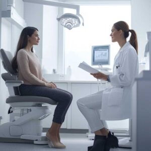 A woman sitting on an examination chair at a clinic, discussing with an OBGYN who is holding a medical chart.