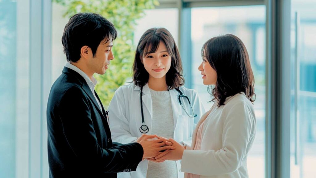 an obstetrician calmly reassures a a high-risk pregnancy couple as they discuss their tailored obstetrics care approach.
